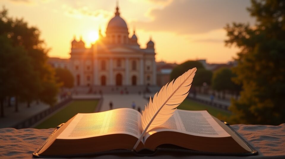 Bible ouverte et cathédrale au coucher du soleil, lumière divine