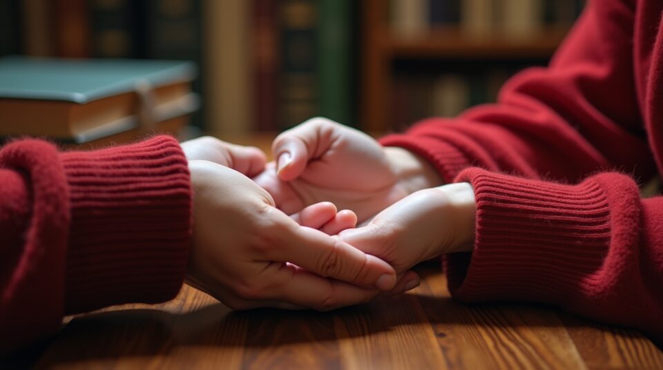 Mains entrelacées, symbole de confiance, devant un fond d'éducation et d'amour sans tabou.