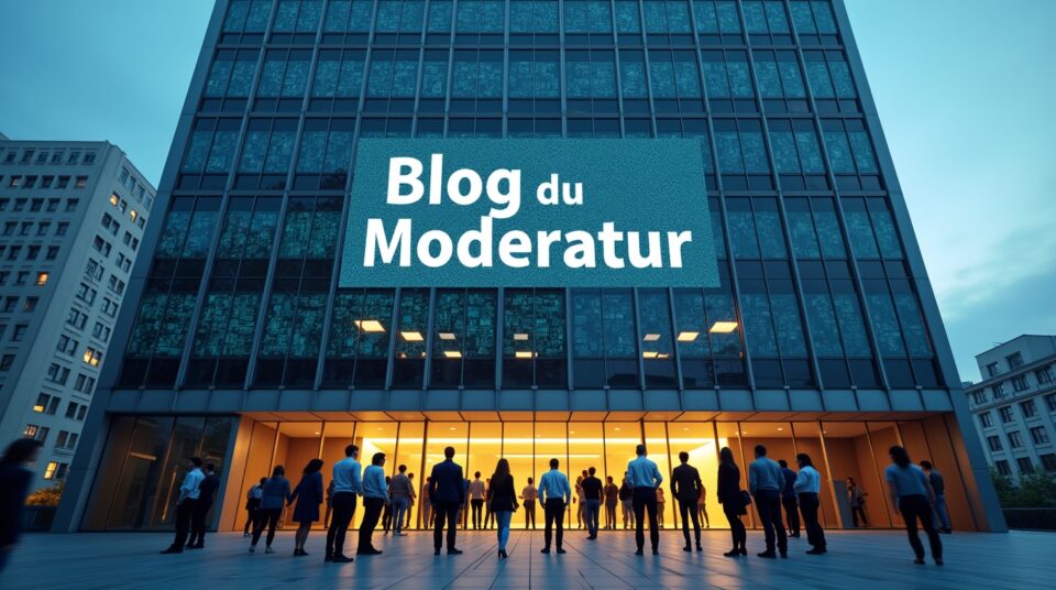 Professionnels du numérique devant un bâtiment urbain, écran signalant 'Blog du Modérateur'