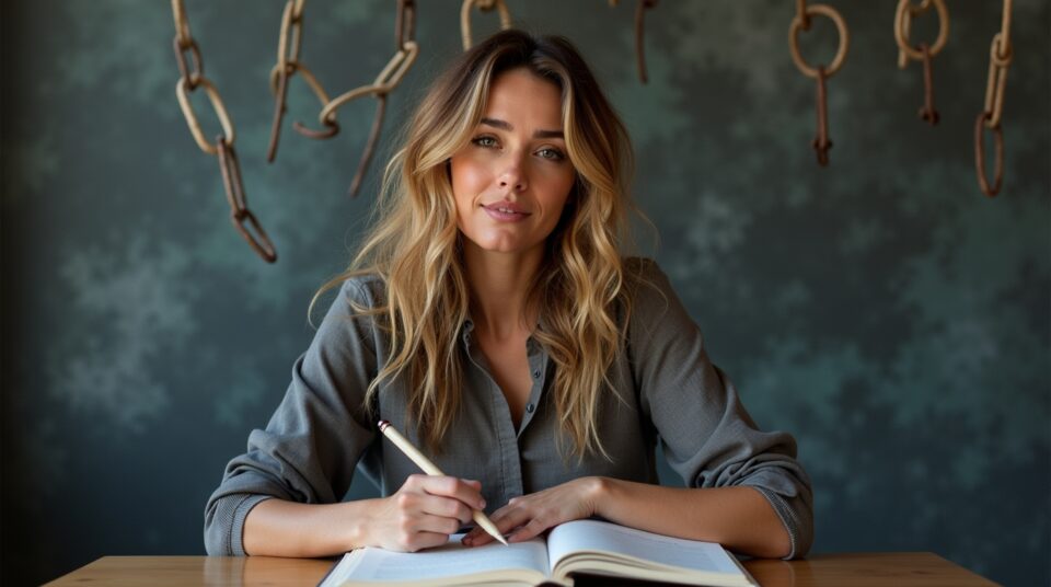 Portrait de Cécile Briat écrivant passionnément, chaînes symboliques se brisant en arrière-plan