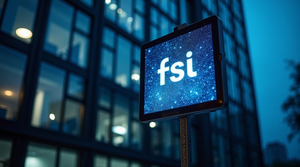 Façade moderne reflétant logo FSI Blog sur écran d'ordinateur