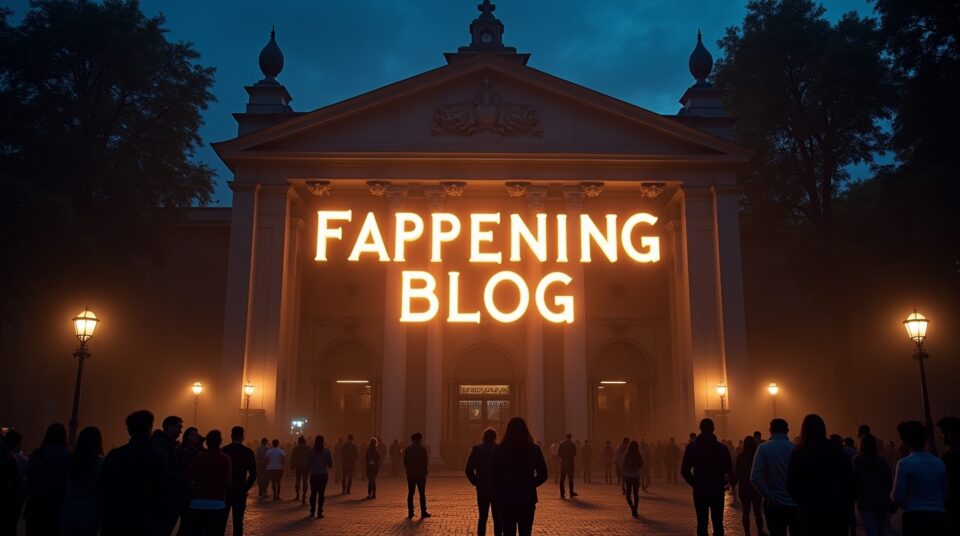 Façade de théâtre avec 'Fappening Blog' en néons, ambiance nocturne