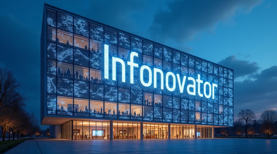 Façade futuriste avec éléments numériques, mot Infonovateur en lettres lumineuses