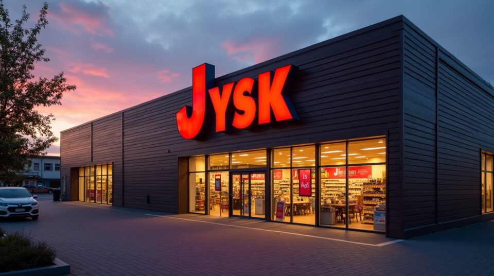Façade d'un magasin Jysk au coucher du soleil avec logo en évidence