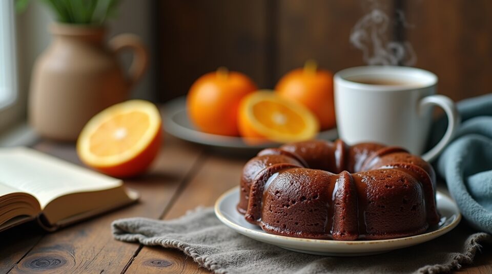Orangette chocolatée, cahier de recettes et tasse de thé sur une table rustique