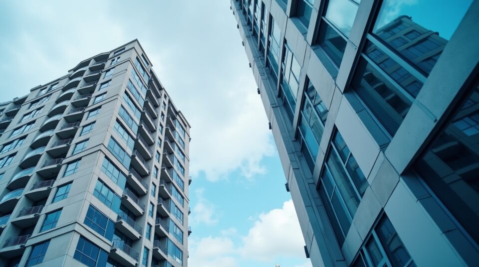 Façade d'immeuble et documents immobiliers éparpillés, représentant le domaine de 'Papiers Immobilier'.