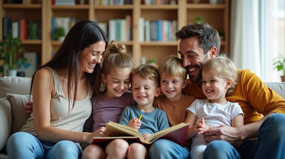 Famille heureuse avec des éléments éducatifs, pour Petitpasparental Blog
