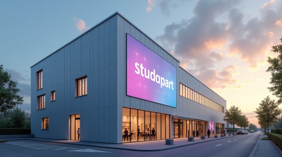 Façade moderne avec logo Studapart, ciel ensoleillé, symbole d'innovation