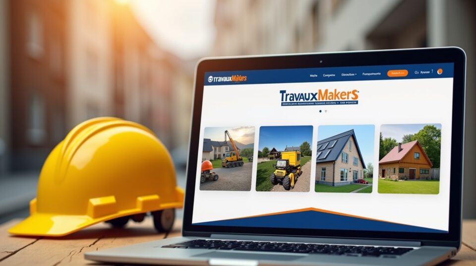 Ordinateur avec site Travauxmakers.fr, casque de construction, vue d'ensemble de projets de travaux