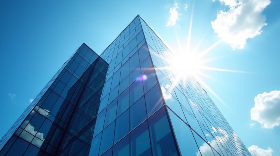 Façade d'un édifice moderne représentant l'innovation en construction, logo de Bati-actu.fr