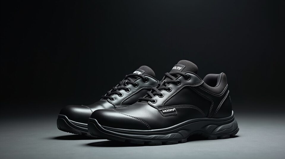 Focus sur une paire de chaussures de sécurité Modyf, montrant leur qualité et leur robustesse.
