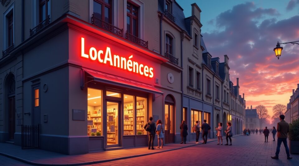 Immeuble au crépuscule avec enseigne 'LocAnnonces', foule regardant des annonces sur appareils numériques