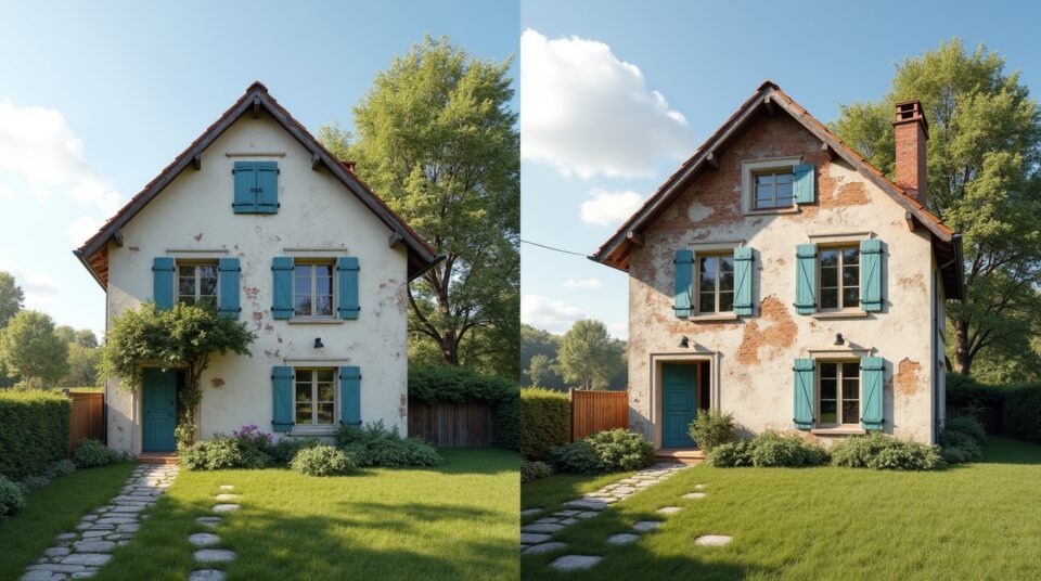 Façade de maison avant et après application de peinture anti humidité