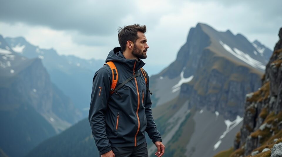 Explorateur en montagne portant une Softshell Modyf face aux éléments. Ciel orageux en arrière-plan.
