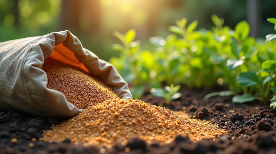 Sac de vermiculite dans un jardin, améliorant la croissance des plants