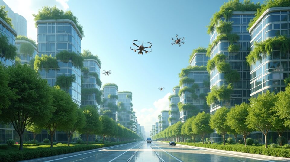 Ville futuriste écologique avec immeubles verts, drones et transports en commun écologiques