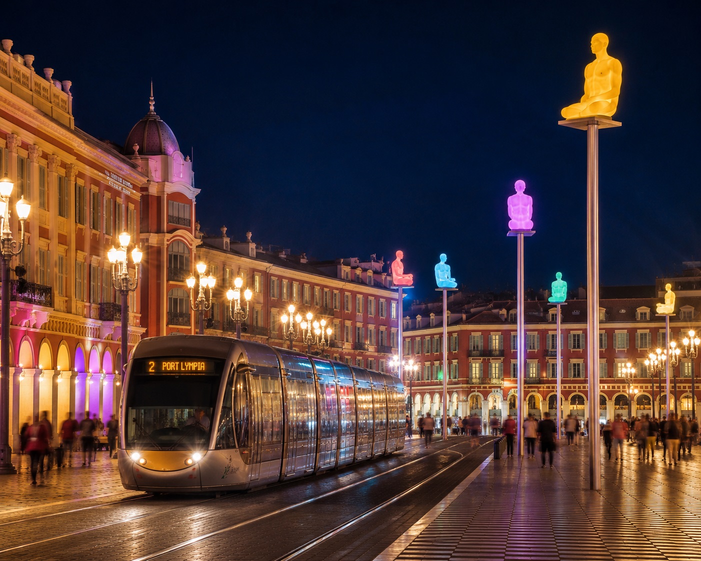Tramway et statues lumineuses sur la Place Masséna à Nice