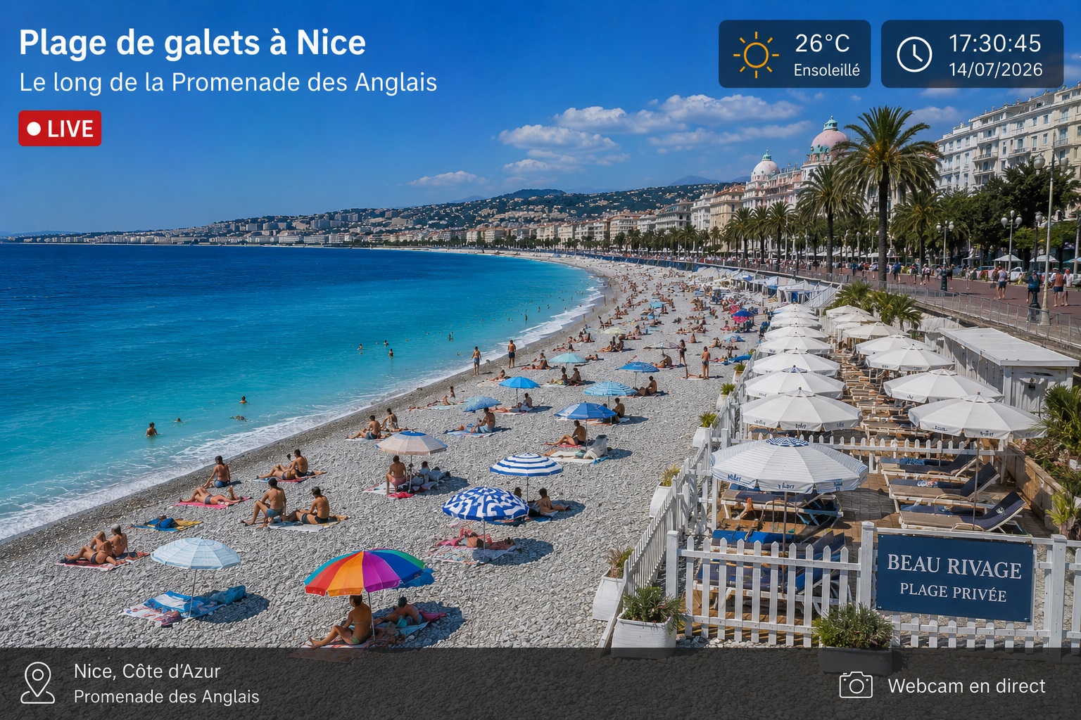 Plage de galets à Nice le long de la Promenade des Anglais