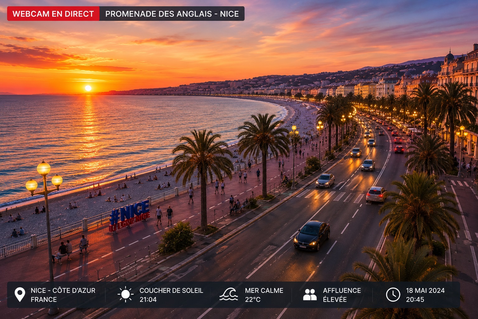 Coucher de soleil sur la Promenade des Anglais à Nice
